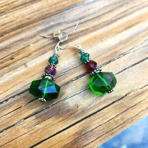 Emerald Green and Red Czech Glass bead Earrings